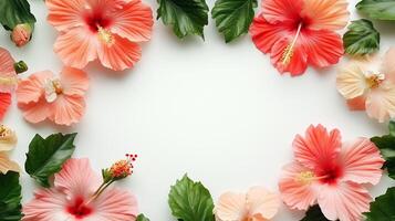 Hibiscus red flower and leaves rounded frame blank center space nature background photo