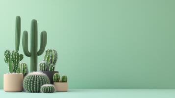 Cactus green dried plant on vase for decoration houseplant copy space green background photo