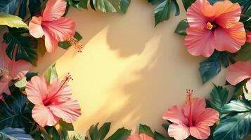 Hibiscus red flower and leaves rounded frame blank center space nature background photo