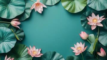 Lotus flower and leaves rounded frame blank center space nature background photo