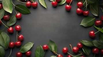 Cherry fruit rounded frame blank center copy space black background photo