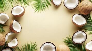 Coconut palm fruit rounded frame empty center copy space tropical plant photo
