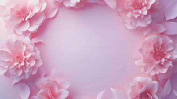 Peony flower and leaves rounded frame blank center space nature background photo