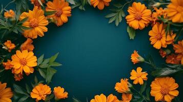 Marigold flower and leaves rounded frame blank center space nature background photo