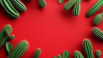 Cactus frame green desert plant rounded copy space red background photo