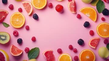 Orange slice, blueberry, grape fruit and blackberry fruits border frame on pink background photo