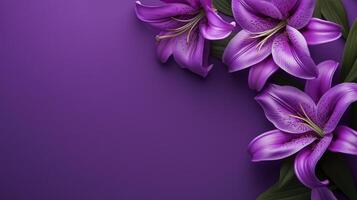 Purple lily flower and leaves rounded frame blank center space nature background photo