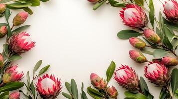 Protea flower and leaves rounded frame blank center space nature background photo