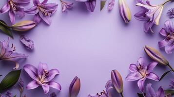 Purple lily flower and leaves rounded frame blank center space nature background photo