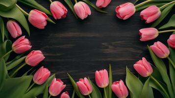 Tulip pink flower rounded border frame empty center, copy space black background photo