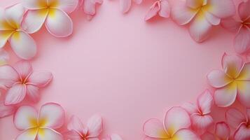 Plumeria flower and leaves rounded frame blank center space nature background photo