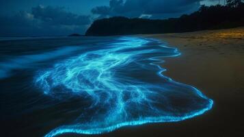 Blue light glow in the dark on beach water line best travel nature view photo
