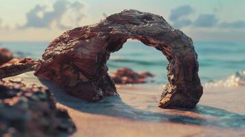 Hole big rock beach erosion from water, limestone, beach sand and nature environment photo