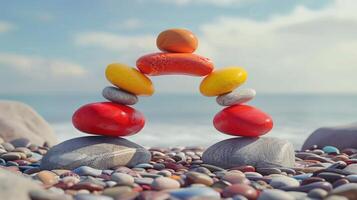 Stability balance colorful Zen stone stack on beach rock with blurred marine and sandstone photo