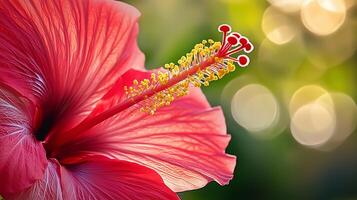 Hibiscus flower blossoming botanical garden macro photo with sun light blurred background