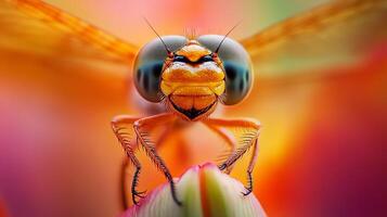 Closeup macro dragonfly perched on a flower with blurred background photo