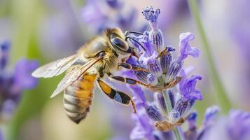 Honeybee macro dragonfly perched on a lavender flower with blurred background photo