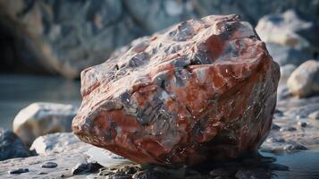 Red stone igneous rock type with metal mineral composition of rocks photo