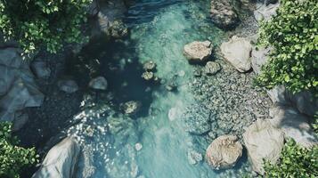 Aerial view of meander river fload with rocks photo