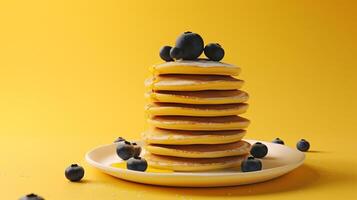 Blueberry pancake stack homemade on white plate and yellow background photo
