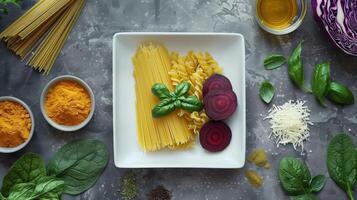 Noodle and pasta with turmeric flour, beetroot slice and spinach photo