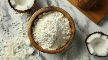 Coconut fruit flour on wooden bowl gluten free for baking flat lay view photo