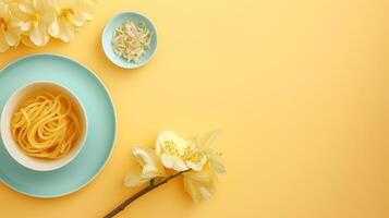 Noodle pasta homemade for lunch copy space yellow background photo