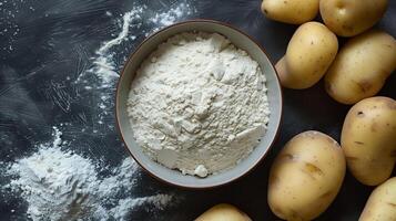 Gluten free potato flour on bowl and some potato decoration flat lay view photo