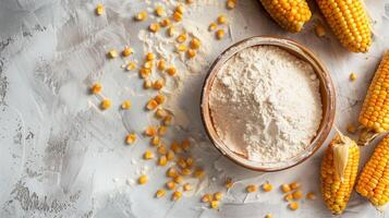 Corn flour vegetable on wooden bowl gluten free for baking recipe healthy food, flat lay view photo