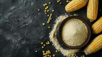 Corn flour vegetable on wooden bowl gluten free for baking recipe healthy food, flat lay view photo
