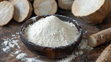 Cassava root flour gluten free on wooden bowl for healthy bread photo