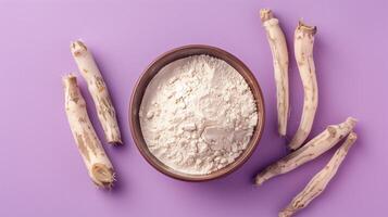 Cassava root flour gluten free on wooden bowl for healthy bread photo