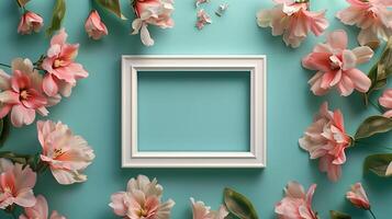 White frame in center and pink flower rounded decoration blue background photo