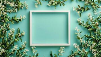 White blank frame in center and white flower green leaves rounded turquoise background photo