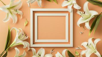 White frame square and white lily flower rounded decoration peach background photo