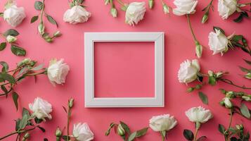 White blank frame in center, white rose flower rounded pink background photo