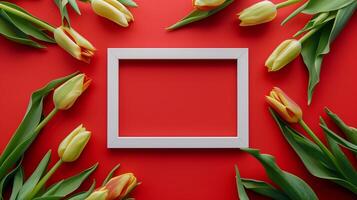 White blank frame in center, yellow tulip flower green leaves rounded red background photo