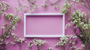 White frame square and baby breath flower rounded decoration peach background photo