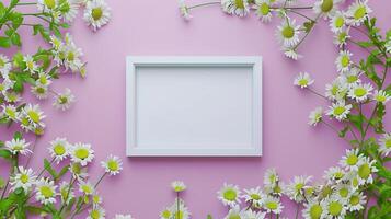 White blank frame in center, white daisy flower rounded purple background photo