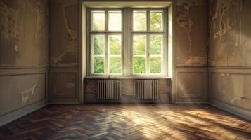 Old damage window empty room wooden parquet photo