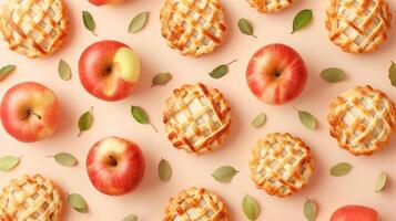 Pie fruity tartlet pattern seamless diagonal and apple slice on pink background photo
