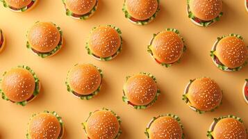 Burger fast food with vegetable for lunch pattern seamless on yellow background photo