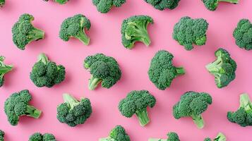 Broccoli green vegetable pattern botanical farming on pink background photo