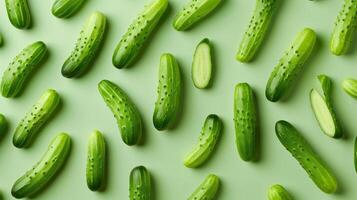 Cucumber vegetable organic farm real food seamless pattern on green background photo