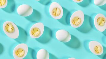 Egg boiled slice healthy real food seamless pattern on blue background photo
