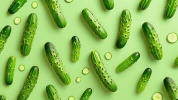 Cucumber vegetable organic farm real food seamless pattern on green background photo