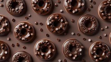 Chocolate sprinkles chips topping donuts pattern on brown background photo
