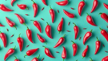Red chilli vegetable organic farm seamless pattern in space on blu background photo