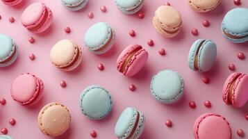 Macaroon snack colorful flavor fruity creamy layer pattern on pink background photo
