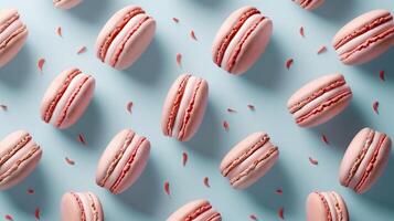 Macaroon snack strawberry flavor fruity creamy layer pattern on blue background photo